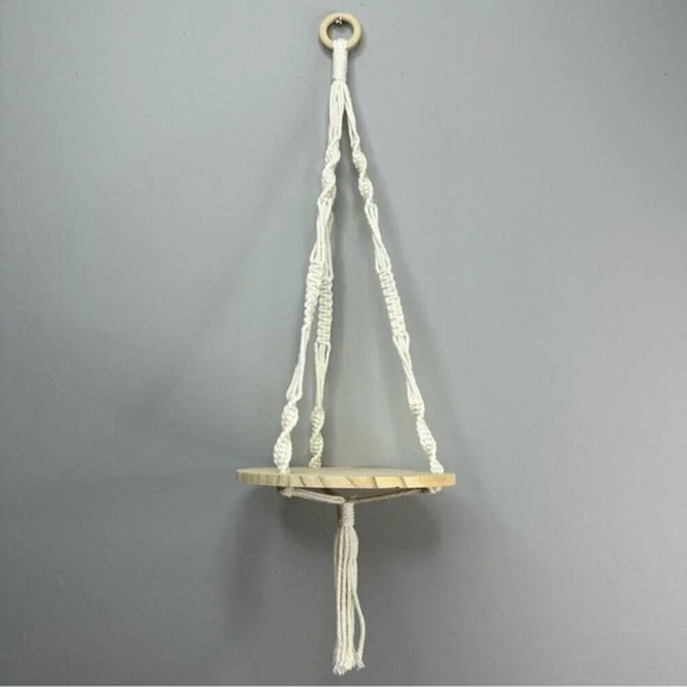 Macrame‎ Hanging Plant Shelf Boho Wood Floating Round Swing Cream 22 Inch NEW